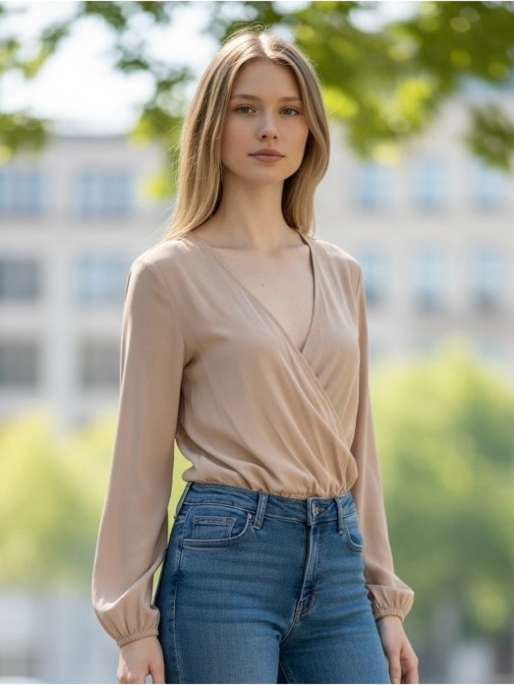 Forever 21 Nude  V-Neck Long Sleeve Bodysuit